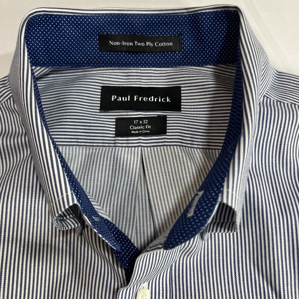 Paul Fredrick Non-Iron Blue Striped Dress Shirt 17 x 32 Sleeve Classic Fit